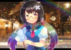 Rule 34 | 1girl, black hair, blue vest, blurry, blurry background, blush, brown eyes, closed mouth, collared shirt, commission, crossed bandaids, cup, depth of field, drinking glass, glasses, gradient hair, kou hiyoyo, lens flare, letterboxed, long hair, low twintails, multicolored hair, original, puffy short sleeves, puffy sleeves, red-framed eyewear, red neckwear, semi-rimless eyewear, shirt, short sleeves, skeb commission, smile, solo, twintails, under-rim eyewear, upper body, very long hair, vest, virtual youtuber, white shirt, wine glass
