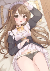 Rule 34 | 1girl, absurdres, arm up, bed, black dress, black panties, blush, bow, bow panties, bowtie, breasts, breath, brown eyes, brown hair, clothes lift, dress, dress lift, fang, heart, highres, long hair, long sleeves, looking at viewer, lying, maid, maid headdress, on bed, open mouth, oumiya hinari, panties, pillow, puffy sleeves, small breasts, smile, sweat, underwear, yellow bow, yellow bowtie
