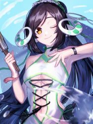 Rule 34 | 1girl, absurdly long hair, absurdres, alirigraeri, animal ears, aquaplus, bare shoulders, black hair, blue sky, blush, breasts, cleavage, closed mouth, eyelashes, gradient eyes, hair between eyes, hair ornament, hand fan, highres, holding, holding fan, holding weapon, kuon (utawarerumono), kuon waves-enticing fan, large breasts, long hair, looking at viewer, midriff, multicolored eyes, one eye closed, orange eyes, outdoors, ponytail, sideboob, sidelocks, sky, sleeveless, smile, solo, swept bangs, swimsuit, toned, toned female, underboob, upper body, utawarerumono, utawarerumono: itsuwari no kamen, utawarerumono: lost flag, veil, very long hair, water, weapon, wristband