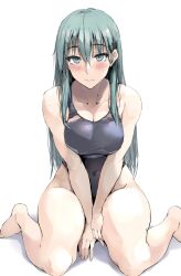 Rule 34 | 1girl, aqua eyes, aqua hair, barefoot, between legs, black one-piece swimsuit, blush, breasts, cleavage, closed mouth, collarbone, commentary request, competition swimsuit, covered navel, hair between eyes, hair ornament, hairclip, hand between legs, highleg, highleg swimsuit, highres, kantai collection, large breasts, long hair, looking at viewer, one-piece swimsuit, sitting, solo, suzuya (kancolle), swimsuit, wariza, white background, zekkyon
