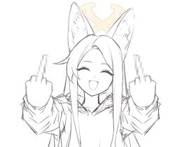 Rule 34 | 1girl, :d, ^ ^, animal ear fluff, animal ears, blue archive, censored, censored gesture, closed eyes, double middle finger, facing viewer, false smile, fox ears, halo, highres, hood, hood down, hoodie, long hair, long sleeves, middle finger, monochrome, mosaic censoring, open mouth, reia 76, seia (blue archive), simple background, sketch, smile, solo, spot color, upper body, white background, yellow halo