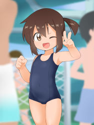Rule 34 | 1girl, 3boys, absurdres, armpits, arms up, bakusou kyoudai let&#039;s &amp; go!!, brown eyes, brown hair, commentary request, covered navel, flat chest, highres, multiple boys, one-piece swimsuit, one eye closed, open mouth, outdoors, ponytail, sagami jun, school swimsuit, short hair, smile, swimsuit, uno (mon chat noir), v