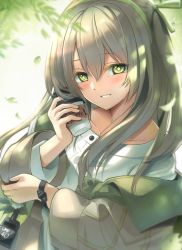Rule 34 | 1girl, blush, breasts, casual, coffee cup, collarbone, cup, disposable cup, girls&#039; frontline, green eyes, green hairband, green ribbon, grey hair, hair ribbon, hairband, highres, holding, holding cup, id card, jacket, long hair, long sleeves, looking at viewer, multicolored clothes, multicolored jacket, official alternate costume, open clothes, open jacket, open mouth, petals, ribbon, shirt, simple background, smile, solo, star-shaped pupils, star (symbol), symbol-shaped pupils, two-tone jacket, ump40 (girls&#039; frontline), ump40 (moon river) (girls&#039; frontline), upper body, watch, white shirt, xlscaler