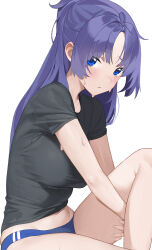 Rule 34 | 1girl, absurdres, alternate eye color, bare legs, black shirt, blue archive, blue buruma, blue eyes, breasts, buruma, commentary, exercise, highres, large breasts, light blush, long hair, looking at viewer, navel, not forever2w, official alternate costume, parted bangs, parted lips, ponytail, purple hair, shirt, short sleeves, simple background, sweat, thighs, white background, yuuka (blue archive), yuuka (track) (blue archive)