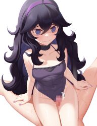 Rule 34 | 1boy, 1girl, @ @, ahoge, black choker, black hair, blush, breasts, censored, choker, closed mouth, collarbone, commentary request, creatures (company), curly hair, game freak, gazing eye, grey eyes, hair between eyes, hairband, hetero, hex maniac (pokemon), highres, long hair, looking down, medium breasts, mosaic censoring, nail polish, nintendo, one-piece swimsuit, penis, pokemon, pokemon xy, purple hairband, purple nails, purple one-piece swimsuit, raised eyebrows, simple background, smile, swimsuit, thigh sex, white background