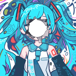 Rule 34 | 1girl, abstract, akotoba (vocaloid), arms at sides, bare shoulders, black sleeves, blue background, blue hair, blue necktie, circle, closed eyes, collared shirt, commentary request, detached sleeves, facing viewer, hair ornament, hatsune miku, hole in face, ice tabetai, long hair, lyrics, necktie, shirt, solo, translation request, twintails, upper body, very long hair, vocaloid, white background, white shirt