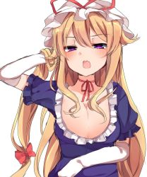 Rule 34 | 1girl, blonde hair, blush, bow, breasts, cleavage, commentary request, elbow gloves, gloves, hair between eyes, hair bow, hand in own hair, hand up, hat, hat ribbon, highres, karasusou nano, long hair, looking at viewer, medium breasts, mob cap, neck ribbon, one-hour drawing challenge, open mouth, purple eyes, red bow, red ribbon, ribbon, short sleeves, sidelocks, simple background, solo, touhou, upper body, white background, white gloves, white hat, yakumo yukari
