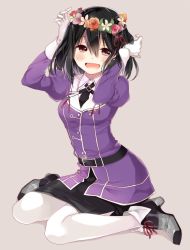 Rule 34 | 10s, 1girl, :d, belt, black hair, black skirt, blush, boots, collared shirt, full body, gloves, grey background, haguro (kancolle), hair ornament, head tilt, head wreath, high heels, juliet sleeves, kantai collection, long sleeves, naoto (tulip), open mouth, pantyhose, pencil skirt, puffy sleeves, purple eyes, purple shirt, shirt, simple background, sitting, skirt, smile, solo, wariza, white gloves, white pantyhose, wing collar