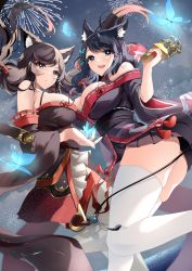 Rule 34 | 2girls, absurdres, animal ear fluff, animal ears, ass, azur lane, bare shoulders, black hair, blue butterfly, blue eyes, breasts, brown kimono, bug, butterfly, cleavage, dark persona, detached sleeves, fireworks, from below, fusou (azur lane), fusou (meta) (azur lane), highres, insect, japanese clothes, kimono, large breasts, long hair, miniskirt, multiple girls, night, off shoulder, pantyhose, pleated skirt, purple kimono, purple sash, sash, skirt, thighhighs, thighs, twintails, white legwear, wide sleeves, yamaha tsui