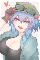 Rule 34 | 1girl, blue eyes, blue jacket, breasts, brown gloves, cleavage, cube85, eyewear on head, fang, flat cap, gloves, green hat, hair between eyes, hair bobbles, hair ornament, hand on headwear, hat, heart, highres, jacket, kawashiro nitori, large breasts, looking at viewer, open mouth, simple background, solo, touhou, two side up, upper body, white background