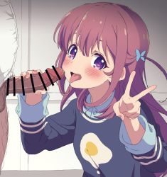 Rule 34 | 1boy, 1girl, aqua bow, blush, bow, brown hair, censored, dark-skinned male, dark skin, girlish number, highres, imminent fellatio, karasuma chitose (girlish number), long hair, looking at viewer, open mouth, oral, penis, purple eyes, sincos, solo focus, tongue, tongue out, v