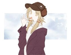 Rule 34 | 1girl, bad id, bad twitter id, blonde hair, brown hat, candy, contemporary, copyright request, food, fur hat, hand up, hat, highres, holding, holding candy, holding food, holding lollipop, lollipop, long hair, long sleeves, moi2m3, open mouth, solo, upper body, yellow eyes