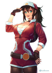 Rule 34 | 10s, 1girl, :d, aqua eyes, arm at side, baseball cap, belt, breasts, brown hair, cleavage, collarbone, creatures (company), cropped jacket, cuboon, female protagonist (pokemon go), fingerless gloves, game freak, gloves, hand on headwear, hat, holding, holding clothes, holding hat, jacket, large breasts, leggings, lips, long hair, looking at viewer, nintendo, open mouth, pokemon, pokemon go, ponytail, red jacket, shirt, simple background, smile, solo, unzipped, white background, white shirt