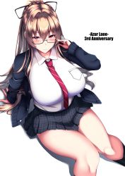 Rule 34 | 1girl, arm support, azur lane, black legwear, blazer, blonde hair, blue jacket, blush, braid, breasts, closed mouth, collared shirt, commentary request, curvy, from above, glasses, hair between eyes, hair ribbon, high ponytail, highres, jacket, large breasts, long hair, looking at viewer, miniskirt, ootori subaru, open clothes, open jacket, plaid, plaid skirt, pleated skirt, red neckwear, ribbon, shirt, sitting, skirt, smile, solo, swiftsure (azur lane), swiftsure (study hall cyclamen) (azur lane), thighs, white background, white shirt