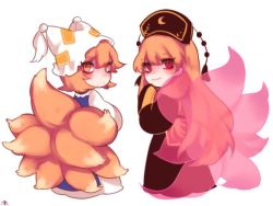 Rule 34 | 2girls, animal ears, animal hat, black dress, blush, chinese clothes, dress, fox ears, fox tail, from behind, full body, hat, junko (touhou), long hair, long sleeves, looking at viewer, mob cap, multiple girls, multiple tails, orange eyes, orange hair, mob cap, red eyes, see-through, short hair, simple background, smile, tabard, tail, tassel, tis (shan0x0shan), touhou, white background, white dress, wide sleeves, yakumo ran