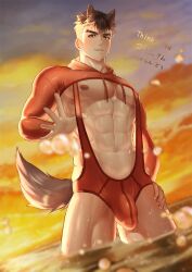 Rule 34 | 1boy, abs, animal ears, bara, black hair, bulge, cloud, crop top, dog boy, dog ears, dog tail, english text, gyaran do69, highres, large pectorals, male focus, muscular, muscular male, navel, nipples, original, outdoors, pectorals, red shirt, shirt, short hair, sky, solo, splashing, sunset, tail, thick thighs, thighs, translation request, water