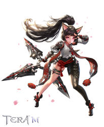 Rule 34 | 1girl, animal ears, arm up, armor, black bodysuit, black footwear, black gloves, black hair, bodysuit, boots, cat ears, cherry blossoms, dospi, elin, fingerless gloves, full body, gloves, highres, huge weapon, lips, long hair, outstretched arm, petals, ponytail, red eyes, rope, shirt, shuriken, solo, tera online, thigh strap, very long hair, weapon, white shirt