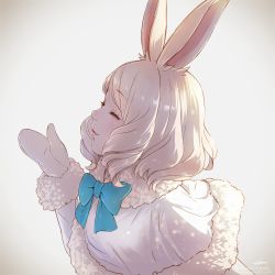 Rule 34 | 10s, 1girl, animal ears, arctic hare (kemono friends), blowing kiss, bow, bowtie, rabbit ears, cloak, commentary request, closed eyes, fur trim, highres, kemono friends, mittens, profile, short hair, solo, takami masahiro, upper body, white hair, winter clothes