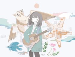 Rule 34 | 156m, 1girl, acoustic guitar, artist name, bandaid, bandaid on face, bird, black hair, black pants, blush, dated, closed eyes, fish, flower, guitar, highres, instrument, original, pants, sleeves past wrists, solo, standing, starfish