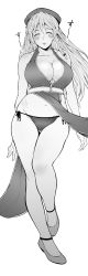 Rule 34 | 1girl, absurdres, bare legs, belt, beret, blush, braid, breasts, cleavage, closed mouth, clothes lift, collarbone, closed eyes, greyscale, hat, hat ornament, highres, hong meiling, large breasts, lips, long hair, mayonaka taruho, monochrome, navel, panties, pelvic curtain, pelvic curtain lift, shoes, side-tie panties, side braid, simple background, solo, star (symbol), star hat ornament, thighs, touhou, twin braids, underwear, white background