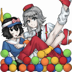 Rule 34 | 2others, alternate costume, androgynous, ball pit, black eyes, black hair, blue shirt, bow, bowtie, closed mouth, gloves, grey eyes, grey hair, hat, highres, ibispaint (medium), len&#039;en, light smile, mesmerizer (vocaloid), multiple others, necktie, open mouth, parody, red footwear, red hat, roller skates, shirt, skates, striped bow, striped bowtie, striped clothes, suspenders, vertical-striped clothes, visor cap, white shirt, yabutsuba, yellow gloves