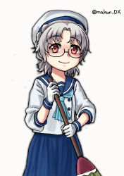 Rule 34 | 1girl, blue neckerchief, blue sailor collar, blue skirt, broom, brown eyes, glasses, gloves, grey hair, hat, hirato (kancolle), holding, holding broom, kantai collection, long sleeves, looking at viewer, maakun (makun dx), neckerchief, one-hour drawing challenge, pleated skirt, sailor collar, sailor hat, short hair, simple background, skirt, solo, twitter username, wavy hair, white background, white gloves, white hat