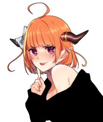 Rule 34 | 1girl, :p, ahoge, alternate costume, alternate hairstyle, bare shoulders, black shirt, blonde hair, blush, bow, breasts, bright pupils, commentary request, diagonal-striped bow, dragon girl, dragon horns, finger to own chin, from side, hand up, highres, hololive, horn bow, horn ornament, horns, index finger raised, isuka, kiryu coco, light smile, lips, long sleeves, looking at viewer, looking to the side, medium breasts, multicolored eyes, multicolored hair, nail polish, off shoulder, orange hair, pink nails, pointy ears, purple eyes, red eyes, shirt, short hair, sidelocks, simple background, solo, streaked hair, striped, striped bow, tongue, tongue out, upper body, virtual youtuber, white background