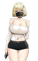 Rule 34 | 1girl, arm behind back, bad id, bad twitter id, bare shoulders, black choker, black shorts, blonde hair, breasts, brown eyes, cellphone, choker, cleavage, collarbone, commentary, covered mouth, cowboy shot, highres, himeko (sky-freedom), holding, holding phone, large breasts, long sleeves, looking at viewer, mask, mouth mask, navel, off shoulder, original, phone, shirt, short shorts, shorts, simple background, sky-freedom, smartphone, thigh gap, thighs, white background, white shirt