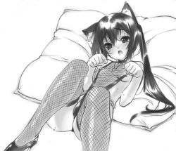 Rule 34 | 1girl, animal ears, areola slip, bad id, belly chain, cat ears, covered erect nipples, fishnet thighhighs, fishnets, flat chest, graphite (medium), greyscale, high heels, jewelry, k-on!, leotard, long hair, lying, monochrome, nakano azusa, necklace, on back, paw pose, pillow, senomoto hisashi, shoes, solo, thighhighs, traditional media, twintails