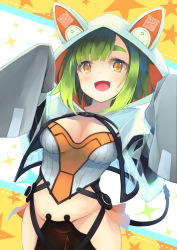 Rule 34 | 1girl, :d, animal ears, blush, breasts, brown eyes, bustier, character request, commission, eyebrows hidden by hair, fake animal ears, green hair, groin, hands up, highres, long sleeves, looking at viewer, medium breasts, open mouth, otogi kyouka, see-through, shrug (clothing), skeb commission, sleeves past fingers, sleeves past wrists, smile, solo, sparkle, star (symbol), starry background, tail, thick eyebrows, virtual youtuber, vrchat