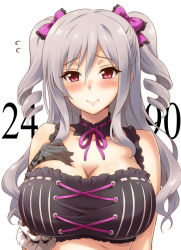 Rule 34 | 10s, 1girl, bikini, black gloves, blush, bow, breasts, cleavage, detached collar, drill hair, floral print, gloves, grey hair, hair bow, idolmaster, idolmaster cinderella girls, kanzaki ranko, large breasts, long hair, looking at viewer, print gloves, red eyes, ribbon-trimmed collar, ribbon trim, simple background, solo, swimsuit, twin drills, two side up, uraichishi, white background