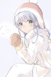 Rule 34 | 1girl, beanie, blush, breath, brown hat, brown mittens, closed mouth, green eyes, grey background, grey hair, hands up, hat, highres, himaneko., index (toaru majutsu no index), jacket, looking at viewer, looking to the side, mittens, pantyhose, sitting, skirt, solo, toaru majutsu no index, white jacket, white pantyhose, white skirt
