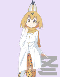 Rule 34 | 10s, 1girl, adapted costume, animal ears, blonde hair, bow, bowtie, brown eyes, coat, highres, kemono friends, long sleeves, looking at viewer, print skirt, print thighhighs, purin a la mode (popup), purple background, scarf, serval (kemono friends), serval print, serval tail, short hair, skirt, smile, solo, tail, thighhighs, translated, yellow scarf, zettai ryouiki