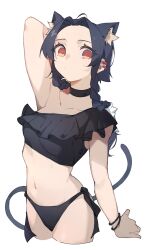 Rule 34 | 1girl, animal ears, arm up, bikini, black bikini, black choker, bracelet, braid, breasts, cat ears, cat girl, cat tail, choker, closed mouth, collarbone, commentary request, cowboy shot, cropped legs, ear piercing, extra ears, forehead, highres, jewelry, kamatpit, long hair, looking at viewer, navel, orange eyes, original, piercing, simple background, single-shoulder bikini, small breasts, solo, swimsuit, tail, twin braids, white background