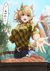 Rule 34 | 1girl, absurdres, animal ears, aqua eyes, azuki (azuki azukki), belt, blue sky, bracelet, breast pocket, breasts, brown belt, brown hair, chicken (food), commentary request, food, hair between eyes, hair ornament, highres, holding, holding tongs, horse ears, horse girl, horse tail, jewelry, large breasts, medium hair, necklace, official alternate costume, open mouth, outdoors, outstretched hand, plaid, plaid shirt, pocket, ponytail, sausage, shirt, silo, sky, sleeves rolled up, smile, solo, speech bubble, table, taiki shuttle (umamusume), tail, tongs, translation request, tree, umamusume, wooden chair