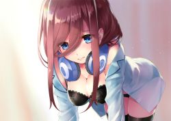 Rule 34 | 1girl, all fours, bare shoulders, black bra, black panties, black thighhighs, blue eyes, blue shirt, bra, breasts, brown hair, cleavage, commentary request, go-toubun no hanayome, hair between eyes, headphones, headphones around neck, lace, lace-trimmed bra, lace trim, long hair, looking at viewer, medium breasts, nakano miku, off shoulder, open clothes, open shirt, panties, revision, rin2008, see-through, shirt, sidelocks, solo, thighhighs, underwear