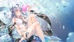 Rule 34 | 1girl, absurdly long hair, animal, animal ears, aquaplus, bare legs, bare shoulders, blue hair, bracelet, breasts, bubble, coral, coral reef, curvy, eyelashes, fish, from below, from side, full body, game cg, hair between eyes, hair ornament, highres, huge breasts, jellyfish, jewelry, knees up, lips, long hair, looking at another, midriff, navel, official art, open mouth, orange eyes, raised eyebrows, sandals, sidelocks, sitting, sunlight, swept bangs, swimsuit, tatami to hinoki, thighs, underwater, utawarerumono, utawarerumono: lost flag, very long hair, water, yuran (utawarerumono: lost flag)