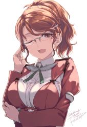 Rule 34 | 1girl, 2019, adjusting eyewear, aquila (kancolle), aquila (symbol), bespectacled, breasts, brown eyes, dated, epaulettes, glasses, hair ornament, hairclip, jacket, kantai collection, large breasts, looking at viewer, medium hair, one eye closed, open mouth, red hair, red jacket, rokuwata tomoe, shirt, sidelocks, simple background, solo, twitter username, upper body, white background, white shirt
