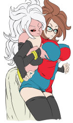 Rule 34 | 2girls, ;), absurdres, ahoge, android 21, arm warmers, bandeau, bare shoulders, black panties, grabbing another&#039;s breast, breasts, brown hair, caisamax, checkered clothes, checkered dress, colored skin, dragon ball, dragon ball fighterz, dress, glasses, grabbing, groping, harem pants, highres, large breasts, long hair, majin android 21, multiple girls, navel, one eye closed, panties, pants, pantyshot, parted lips, pink hair, pink skin, short dress, simple background, sleeveless, sleeveless dress, smile, standing, thighhighs, underwear, white background, white hair, yuri