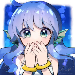 Rule 34 | 1girl, blue background, blue eyes, bracelet, covering own mouth, crying, crying with eyes open, fins, head fins, jewelry, long hair, looking at viewer, madou monogatari, puyopuyo, serilly (puyopuyo), solo, tears, wenicon 0410