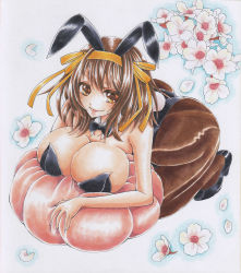 Rule 34 | 1girl, :d, absurdres, artist request, ass, blush, breasts, brown hair, curvy, female focus, hairband, highres, huge ass, large breasts, leotard, looking at viewer, open mouth, pantyhose, playboy bunny, scan, smile, solo, suzumiya haruhi, suzumiya haruhi no yuuutsu, traditional media