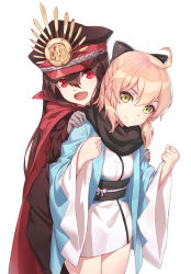 Rule 34 | 2girls, :d, ahoge, black bow, black headwear, black pants, blonde hair, bow, brown hair, cape, cowboy shot, fate/grand order, fate (series), gloves, green eyes, grey gloves, hair between eyes, hair bow, hand on another&#039;s shoulder, hat, highres, japanese clothes, kimono, kimono skirt, long hair, looking at viewer, military, military hat, military uniform, multiple girls, nian (zhanian), oda nobunaga (fate), oda nobunaga (koha-ace), okita souji (fate), okita souji (koha-ace), open mouth, pants, red cape, red eyes, red scarf, scarf, shinsengumi, short hair, simple background, smile, uniform, very long hair, white background, white kimono