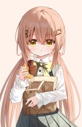 Rule 34 | 1girl, :t, bag, bow, brown background, brown hair, closed mouth, collared shirt, commentary request, doughnut, dress, dress shirt, eating, food, green bow, green dress, hair between eyes, hair ornament, hairclip, holding, holding food, long hair, long sleeves, low twintails, hugging object, original, pleated dress, puffy long sleeves, puffy sleeves, shirt, simple background, sleeveless, sleeveless dress, sleeves past wrists, solo, squirrel girl (yuuhagi (amaretto-no-natsu)), twintails, very long hair, white shirt, x hair ornament, yellow eyes, yuuhagi (amaretto-no-natsu)