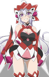 Rule 34 | 1girl, ahoge, armor, blush, breasts, cleavage, cleavage cutout, clothing cutout, covered navel, elbow gloves, gloves, hair ornament, headgear, highres, large breasts, leotard, light purple hair, long hair, looking at viewer, parted lips, purple eyes, scrunchie, senki zesshou symphogear, shiny skin, simple background, smile, solo, standing, teeth, thighhighs, twintails, very long hair, white background, yoshi tama, yukine chris