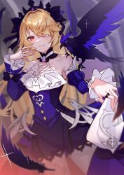 Rule 34 | 1girl, alternate eye color, bare shoulders, bird, blonde hair, blush, breasts, castle, choker, chuunibyou, crow, detached sleeves, dress, eyepatch, fischl (ein immernachtstraum) (genshin impact), fischl (genshin impact), frills, gem, genshin impact, hair over one eye, hair ribbon, highres, jewelry, long hair, long sleeves, looking at viewer, medium breasts, nyamo-lv0, official alternate costume, official alternate eye color, oz (genshin impact), pantyhose, purple choker, purple dress, purple gemstone, purple ribbon, purple sleeves, red eyes, ribbon, single leg pantyhose, small breasts, smile, solo, thighhighs, tiara, white pantyhose, white thighhighs