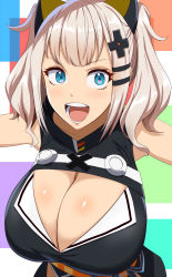 Rule 34 | 1girl, bare shoulders, black dress, blue eyes, breasts, cleavage, cleavage cutout, clothing cutout, dress, hair ornament, hairclip, highres, huge breasts, kaguya luna, kloah, open mouth, silver hair, sleeveless, sleeveless dress, smile, solo, the moon studio, twintails, virtual youtuber, x hair ornament
