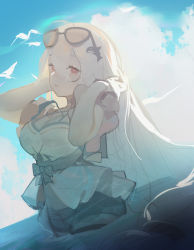 Rule 34 | 1girl, arknights, bare shoulders, black choker, blue shorts, blue sky, breasts, chinese commentary, chirlley, choker, cleavage, commentary request, cowboy shot, eyewear on head, hands in hair, hands up, infection monitor (arknights), large breasts, long hair, looking at viewer, no headwear, off-shoulder shirt, off shoulder, official alternate costume, outdoors, parted lips, partially submerged, red eyes, shirt, short shorts, short sleeves, shorts, silver hair, skadi (arknights), skadi (waverider) (arknights), sketch, sky, solo, standing, stomach, sunglasses, swimsuit, thigh strap, thighs, very long hair, wading, water, white shirt