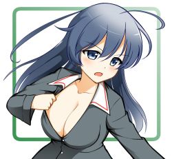 Rule 34 | 1girl, ahoge, black eyes, black hair, blue jacket, border, breasts, cleavage, collar tug, commentary, frown, girls und panzer, green border, isuzu hana, jacket, large breasts, leaning forward, long hair, long sleeves, military, military uniform, no bra, no shirt, ooarai military uniform, open mouth, rebirth42000, rounded corners, solo, uniform
