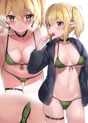 Rule 34 | 1girl, bikini, black choker, black jacket, blonde hair, breasts, candy, chloe (princess connect!), choker, cleavage, closed mouth, collarbone, crotch seam, food, front-tie bikini top, front-tie top, gluteal fold, green bikini, hair between eyes, highres, jacket, kure (kure ng), lollipop, long sleeves, looking at viewer, medium breasts, multiple views, navel, open clothes, open jacket, pointy ears, princess connect!, red eyes, side ponytail, simple background, skindentation, stomach, string bikini, swimsuit, thigh strap, thighs, wet, white background
