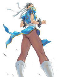Rule 34 | 1girl, ass, bracelet, capcom, china dress, chinese clothes, chun-li, dress, from below, jewelry, pantyhose, pelvic curtain, pirorin, solo, spiked bracelet, spikes, street fighter, wind